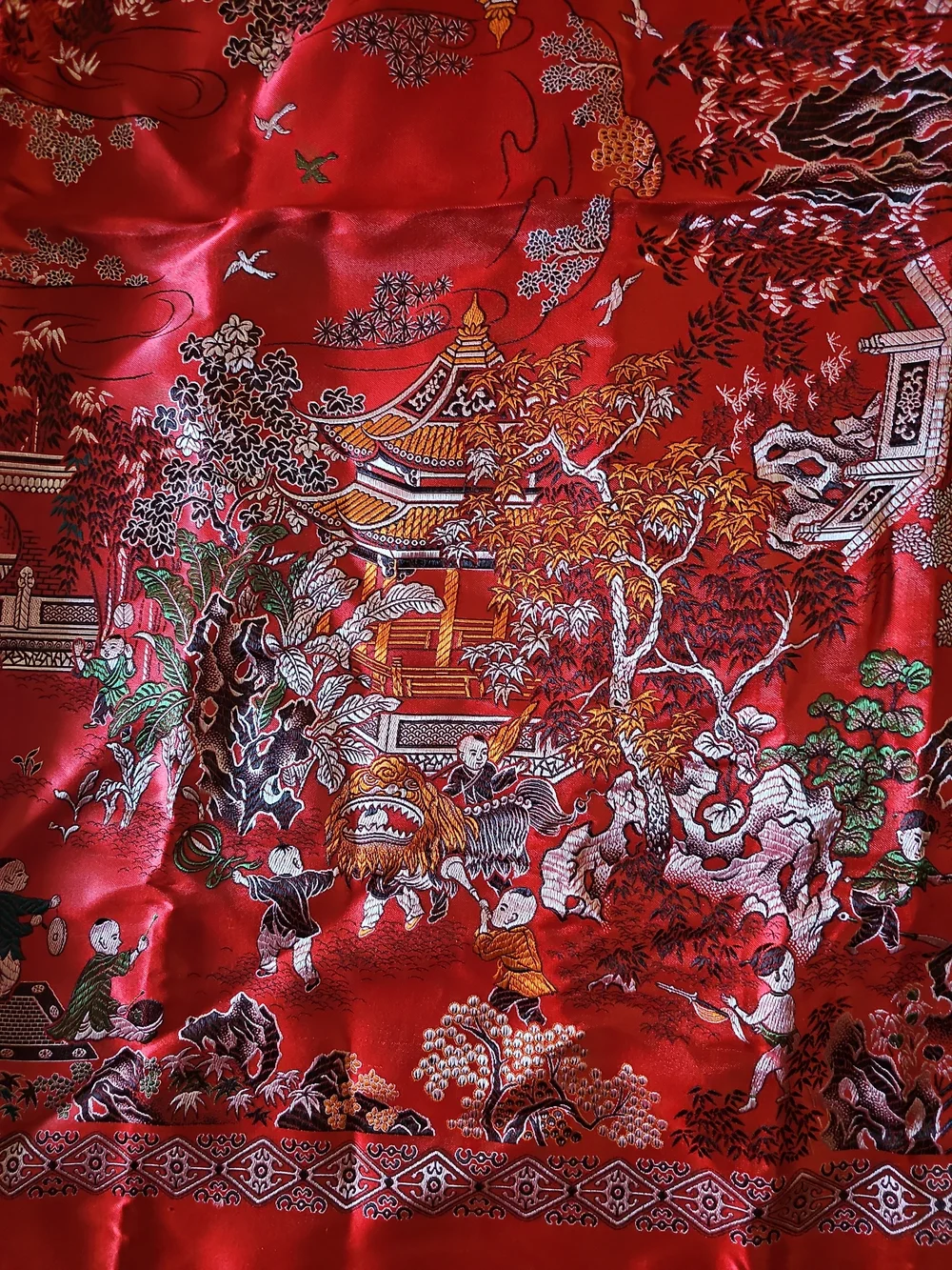 Vintage Chinese RED Silk Brocade Large Piano Shawl / Tablecloth Tapestry